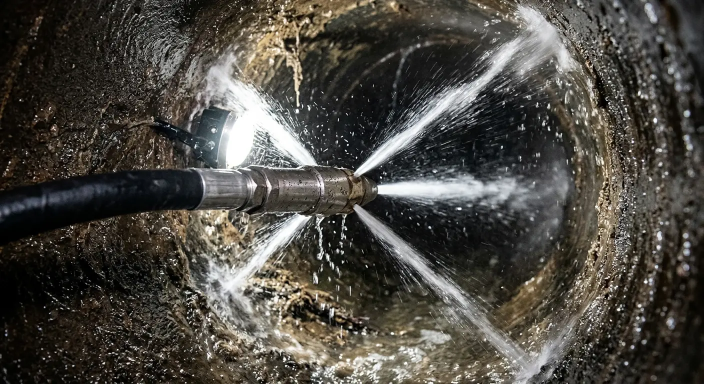 High-pressure hydro jetting nozzle cleaning sewer pipe for Trenchless Sewer Repair in O'Fallon