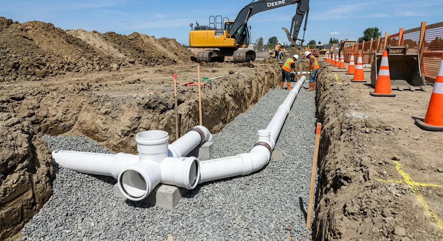 New PVC sewer pipe installation in open trench for Sewer Backup in O'Fallon